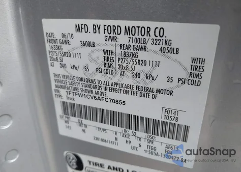 2010 Ford F-150 Fx2 Sport/Harley-Davidson/King Ranch/Lariat/Platinum/Xl/Xlt z USA, uszkodzony, nr VIN 1FTFW1CV6AFC70855